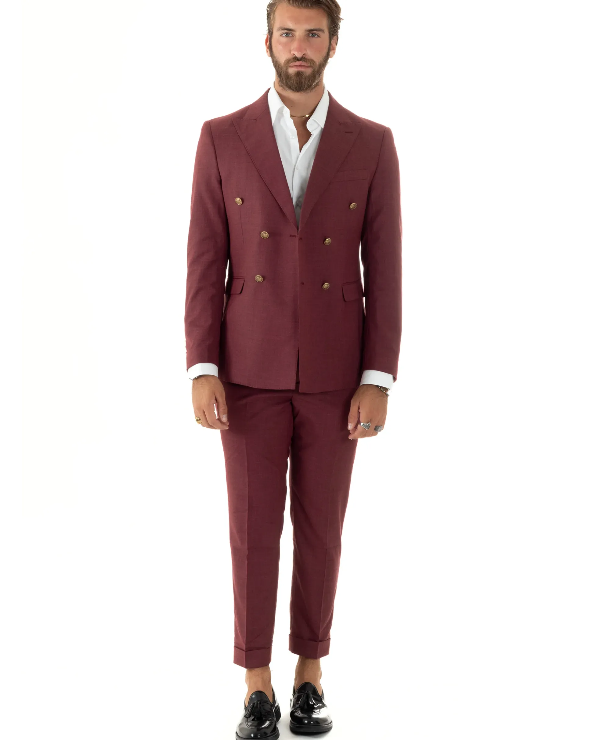 Abito uomo doppiopetto completo giacca pantaloni bottoni metallo bordeaux melangiato GIOSAL-AE1080A