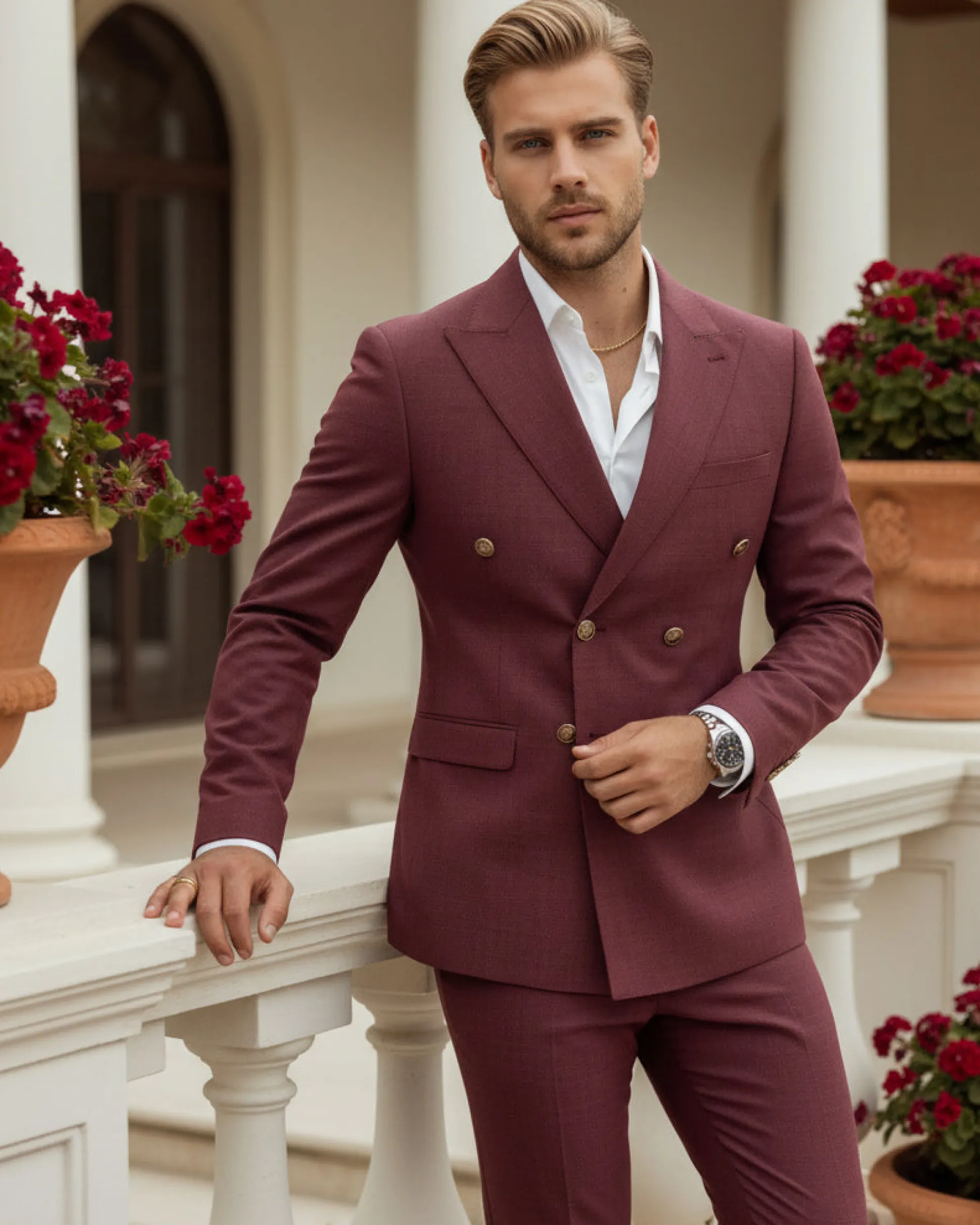Abito uomo doppiopetto completo giacca pantaloni bottoni metallo bordeaux melangiato GIOSAL-AE1080A