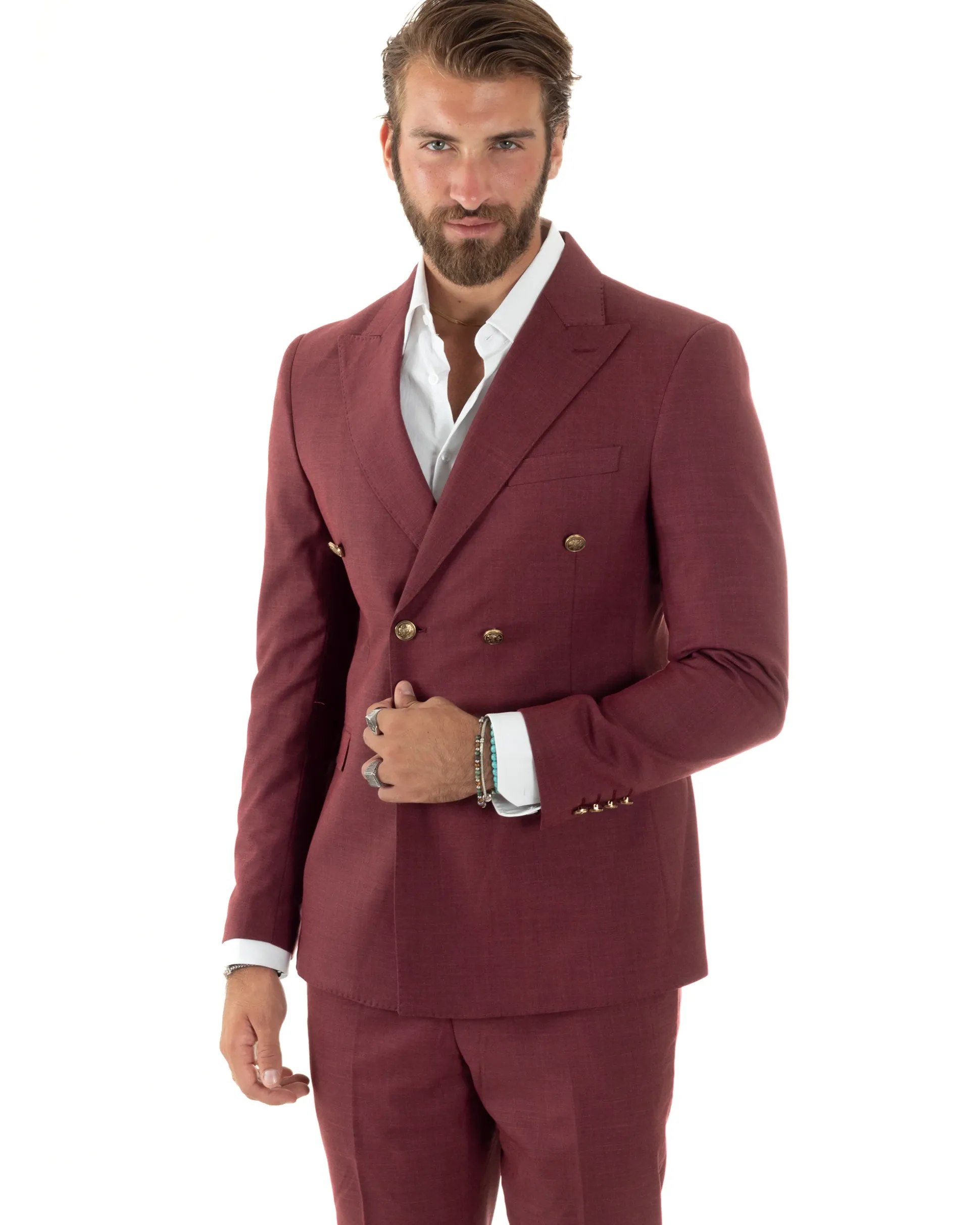 Abito uomo doppiopetto completo giacca pantaloni bottoni metallo bordeaux melangiato GIOSAL-AE1080A