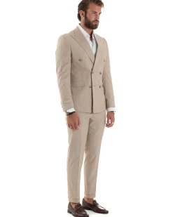 Abito uomo doppiopetto completo gessato giacca pantaloni bottoni metallo beige GIOSAL-AE1088A