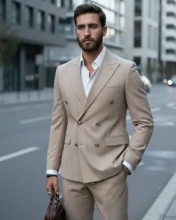 Abito uomo doppiopetto completo gessato giacca pantaloni bottoni metallo beige GIOSAL-AE1088A
