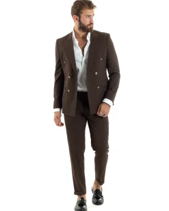 Abito uomo doppiopetto completo gessato giacca pantaloni bottoni metallo marrone GIOSAL-AE1101A