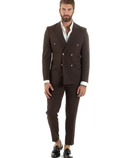 Abito uomo doppiopetto completo gessato giacca pantaloni bottoni metallo marrone GIOSAL-AE1101A