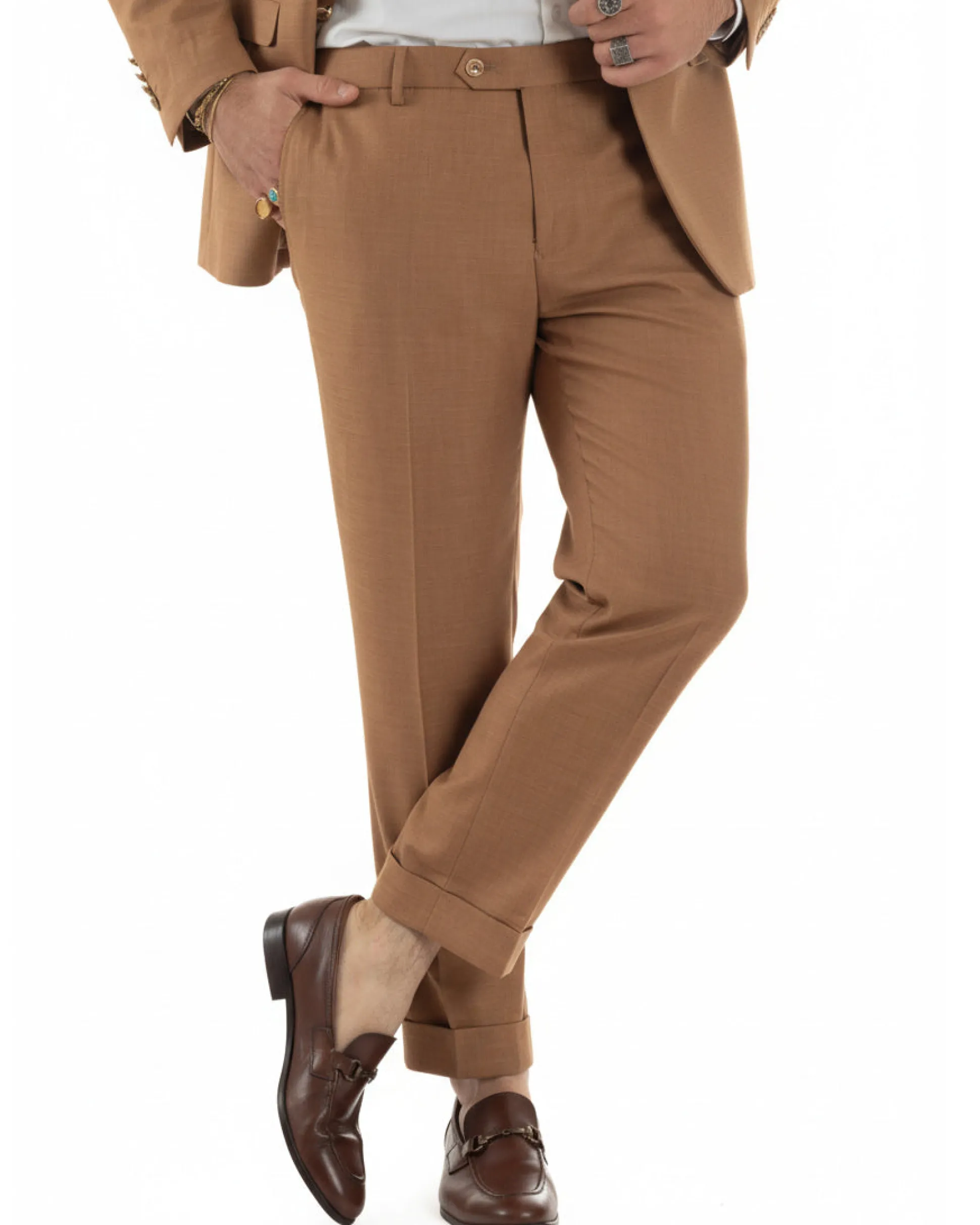 Abito uomo doppiopetto completo giacca pantaloni bottoni metallo camel melangiato GIOSAL-AE1205A