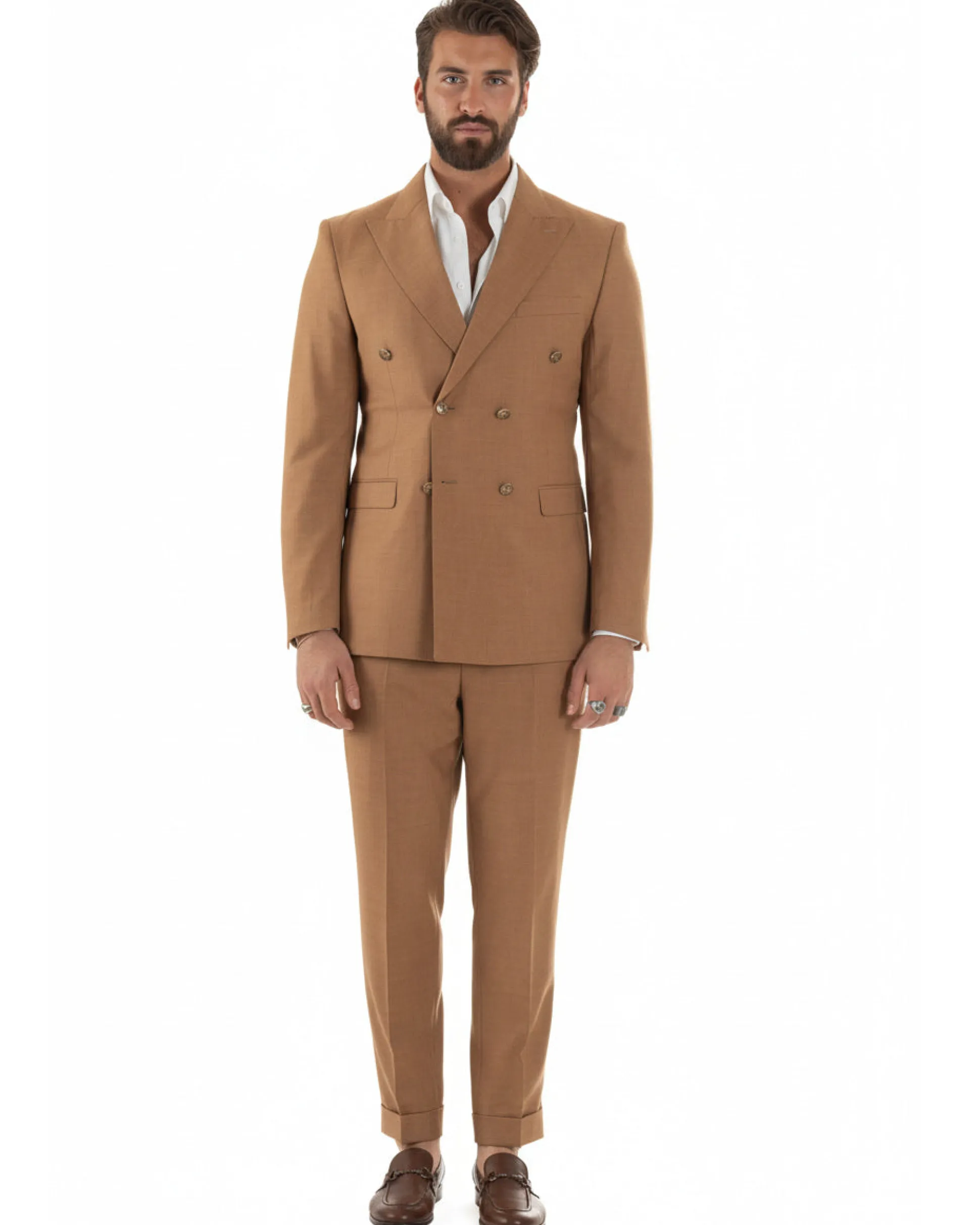 Abito uomo doppiopetto completo giacca pantaloni bottoni metallo camel melangiato GIOSAL-AE1205A
