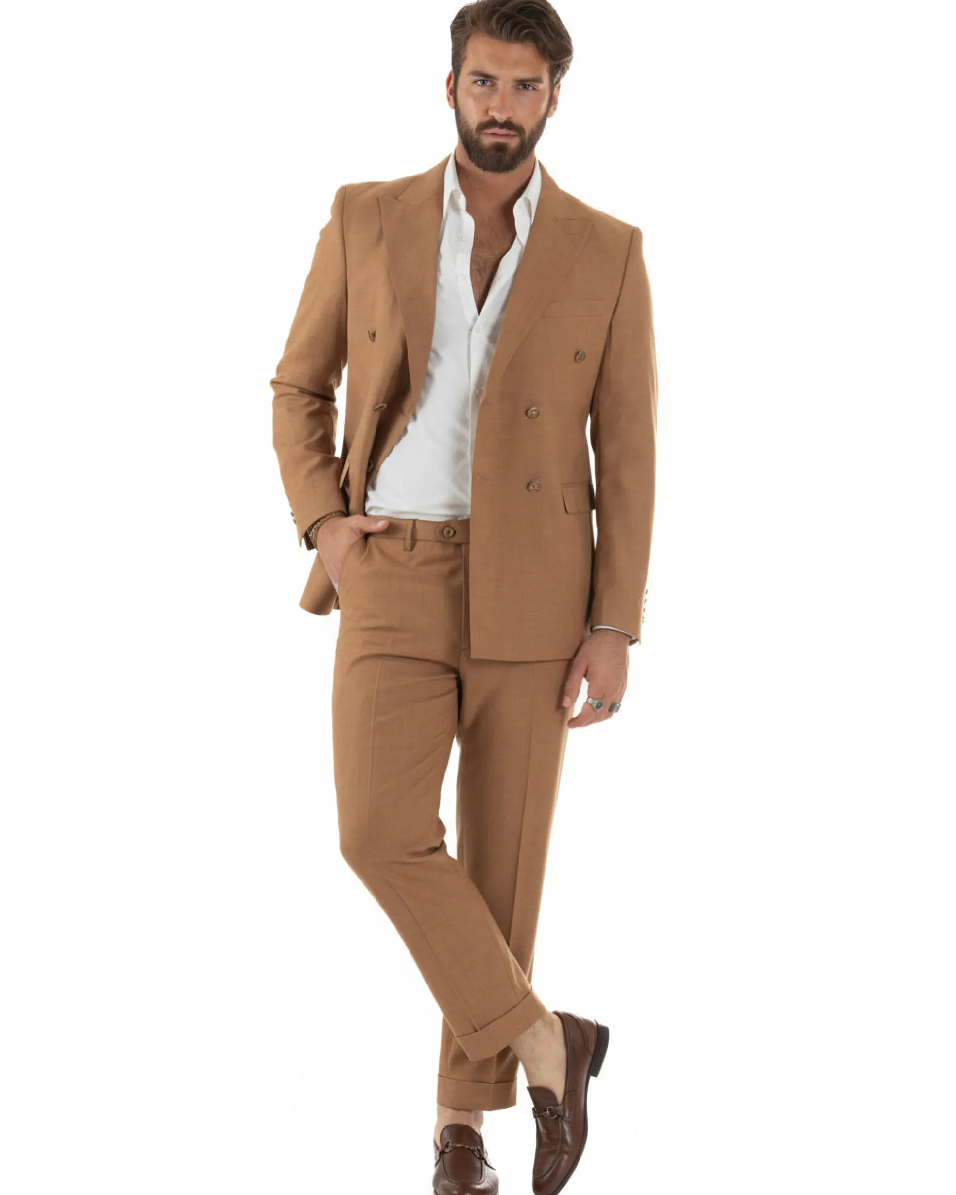 Abito uomo doppiopetto completo giacca pantaloni bottoni metallo camel melangiato GIOSAL-AE1205A