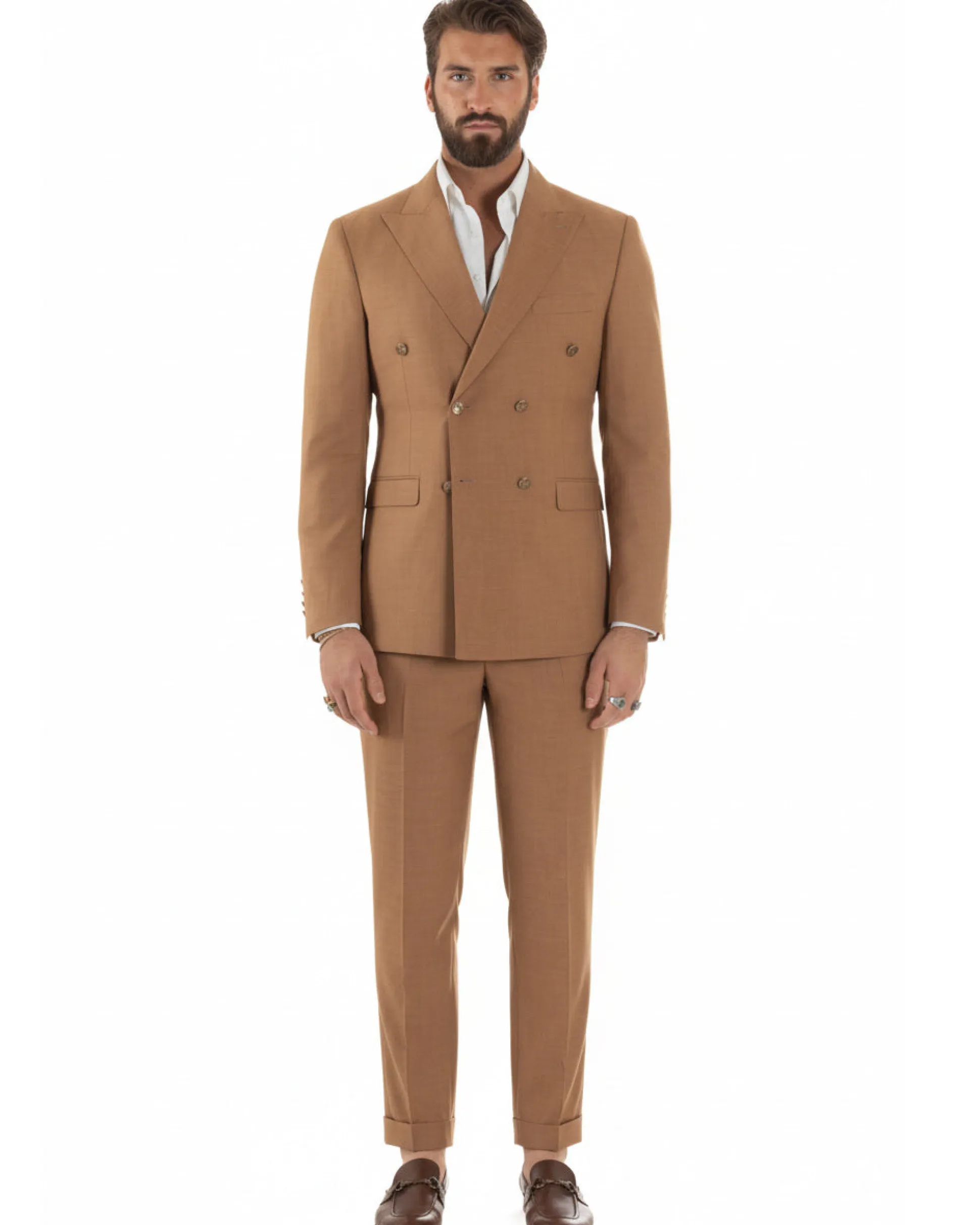 Abito uomo doppiopetto completo giacca pantaloni bottoni metallo camel melangiato GIOSAL-AE1205A