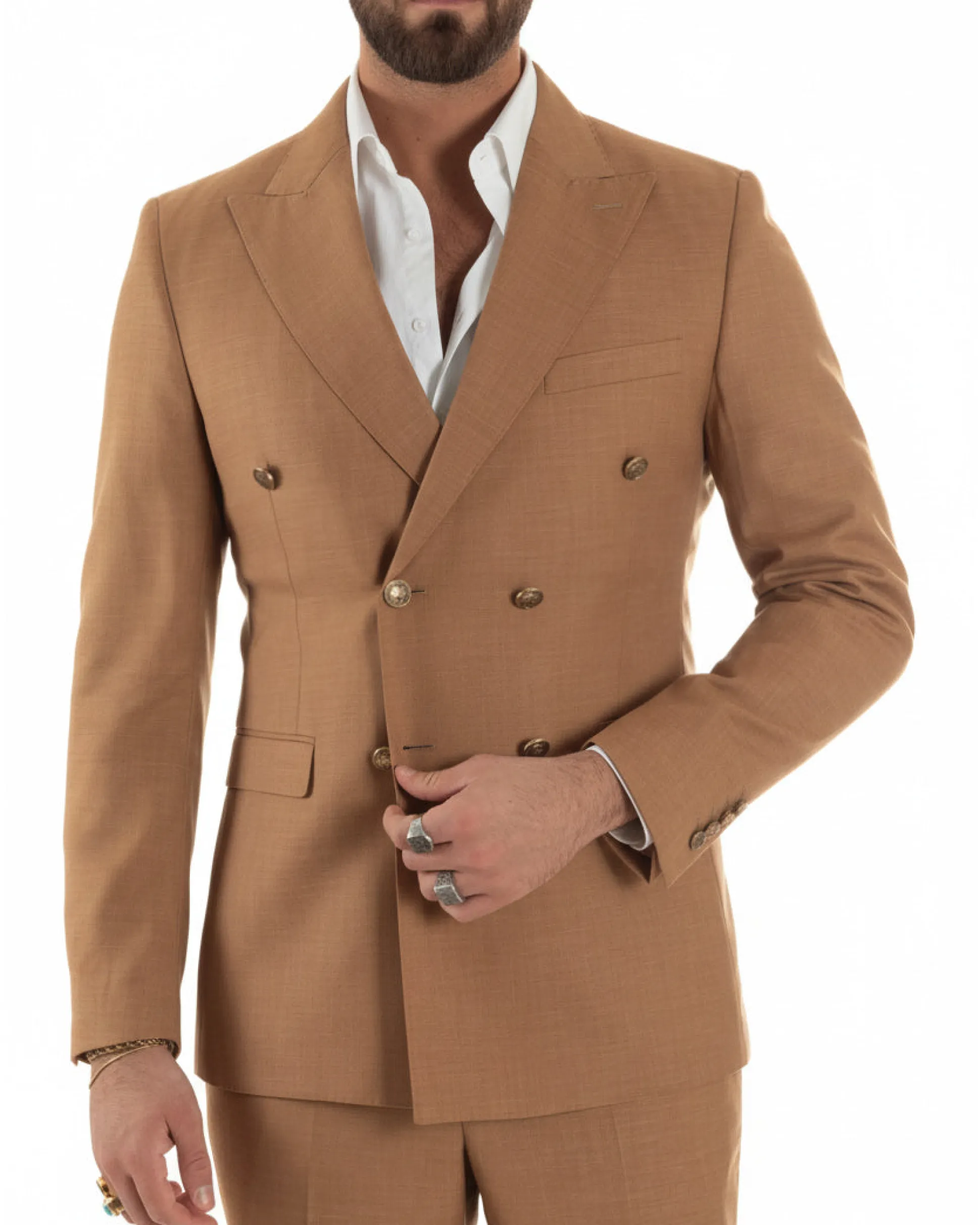 Abito uomo doppiopetto completo giacca pantaloni bottoni metallo camel melangiato GIOSAL-AE1205A