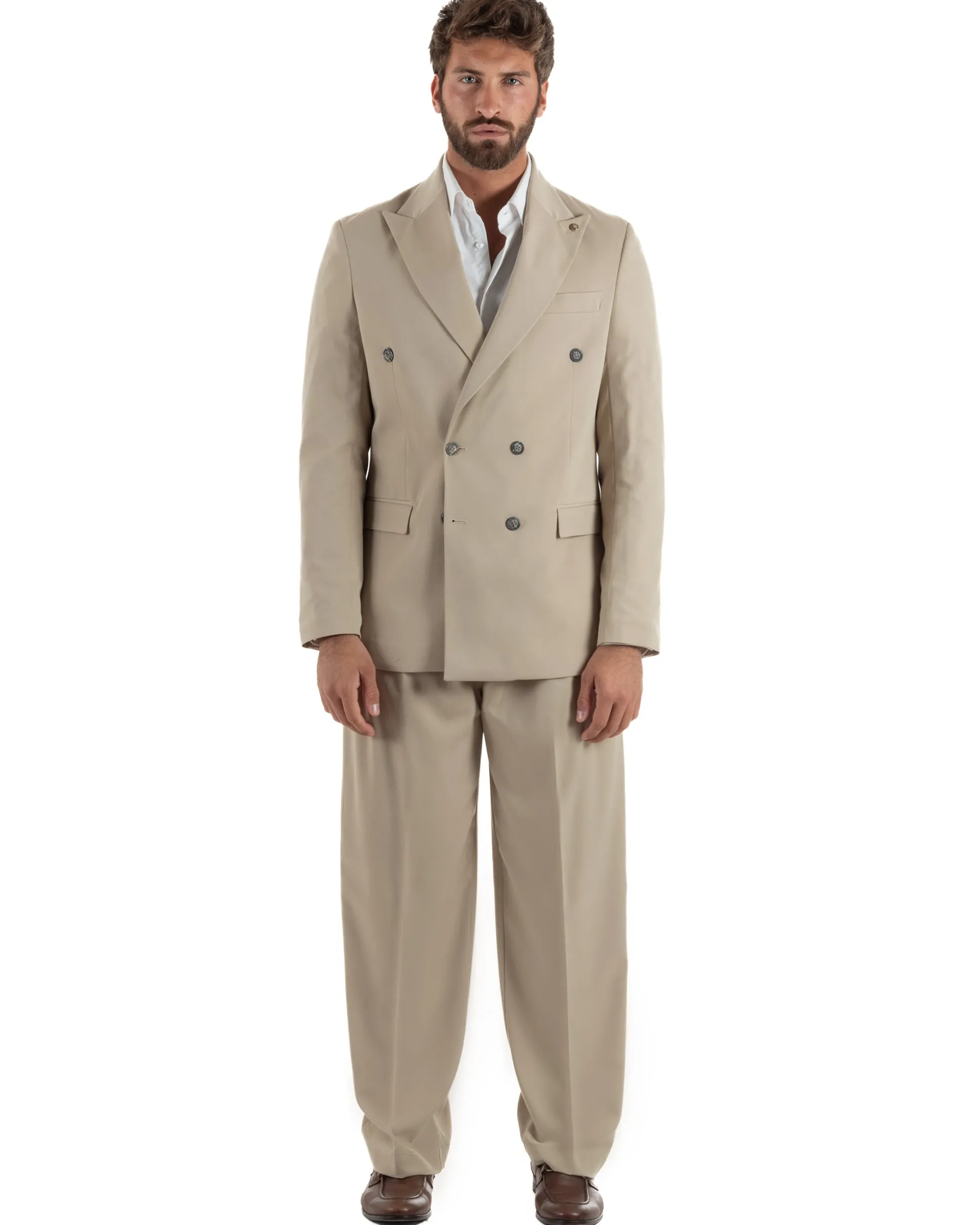 Abito uomo doppiopetto completo giacca pantaloni baggy pinces beige GIOSAL-AE1250A