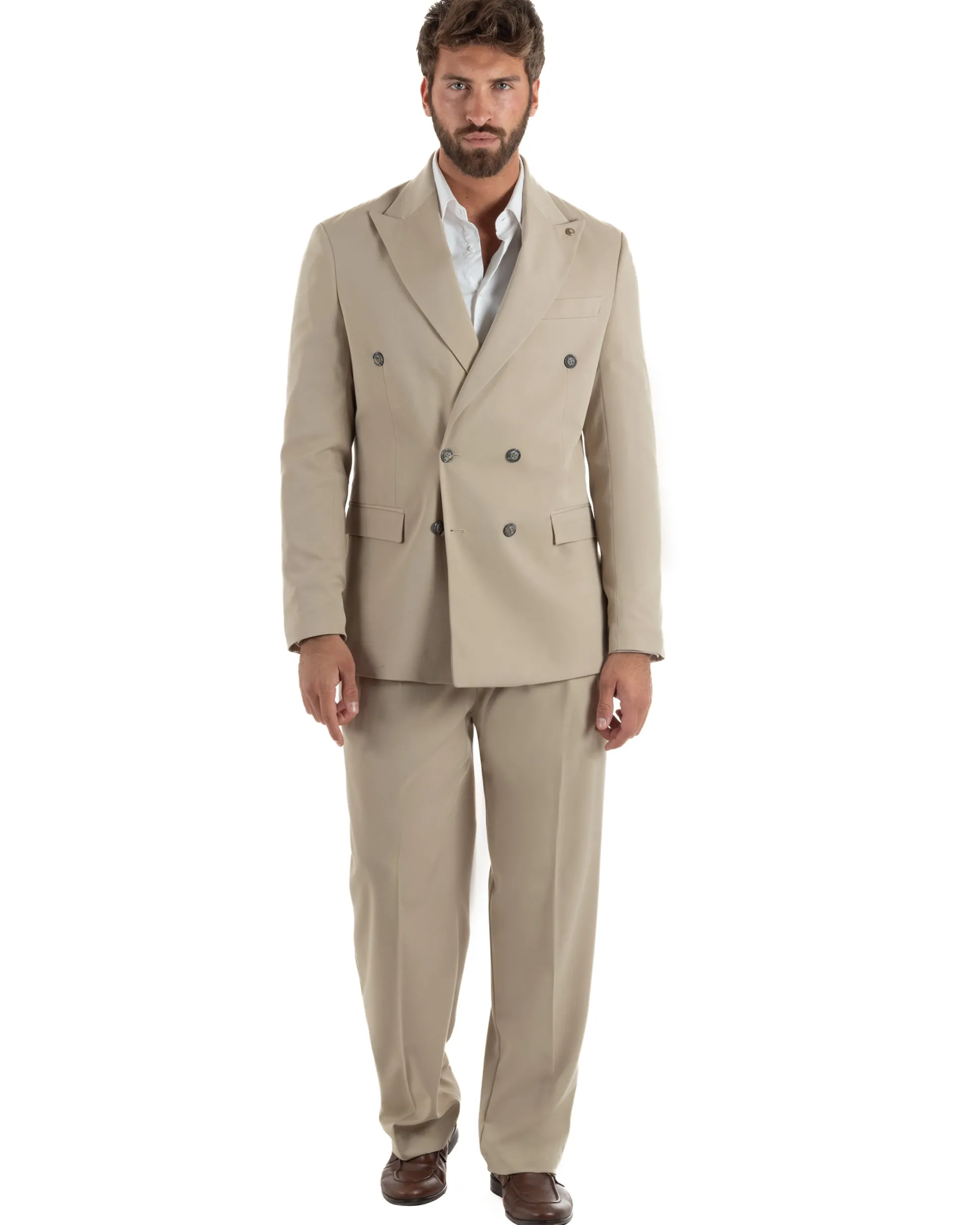 Abito uomo doppiopetto completo giacca pantaloni baggy pinces beige GIOSAL-AE1250A