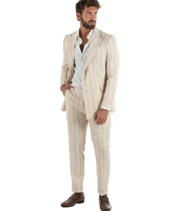 Abito uomo doppiopetto completo gessato giacca pantaloni riga larga beige GIOSAL-AE1257A