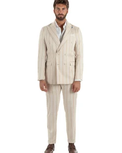 Abito uomo doppiopetto completo gessato giacca pantaloni riga larga beige GIOSAL-AE1257A
