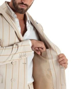 Abito uomo doppiopetto completo gessato giacca pantaloni riga larga beige GIOSAL-AE1257A