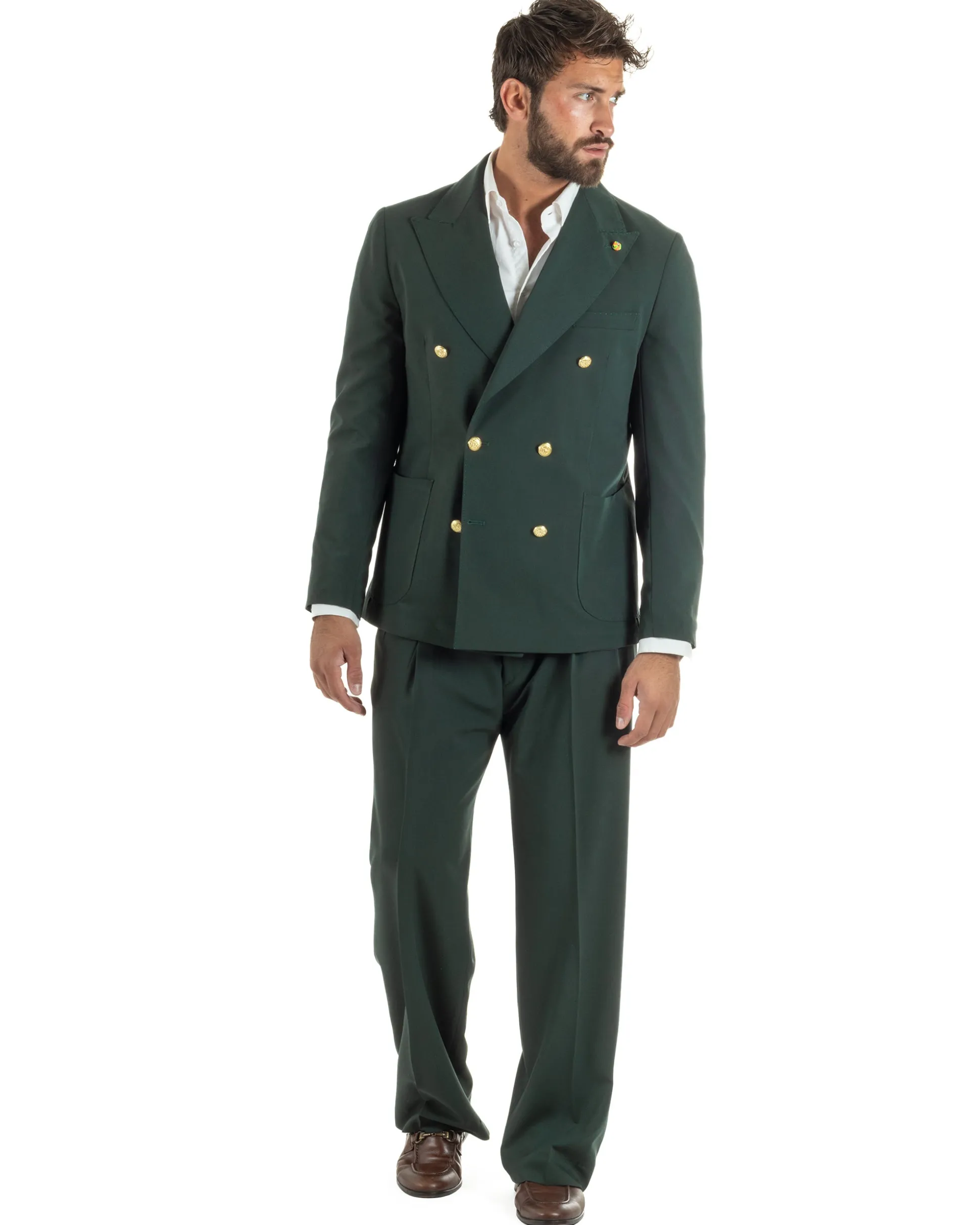 Abito uomo doppiopetto completo oversize giacca bottoni oro pantaloni baggy verde BlackSunday AE1261A