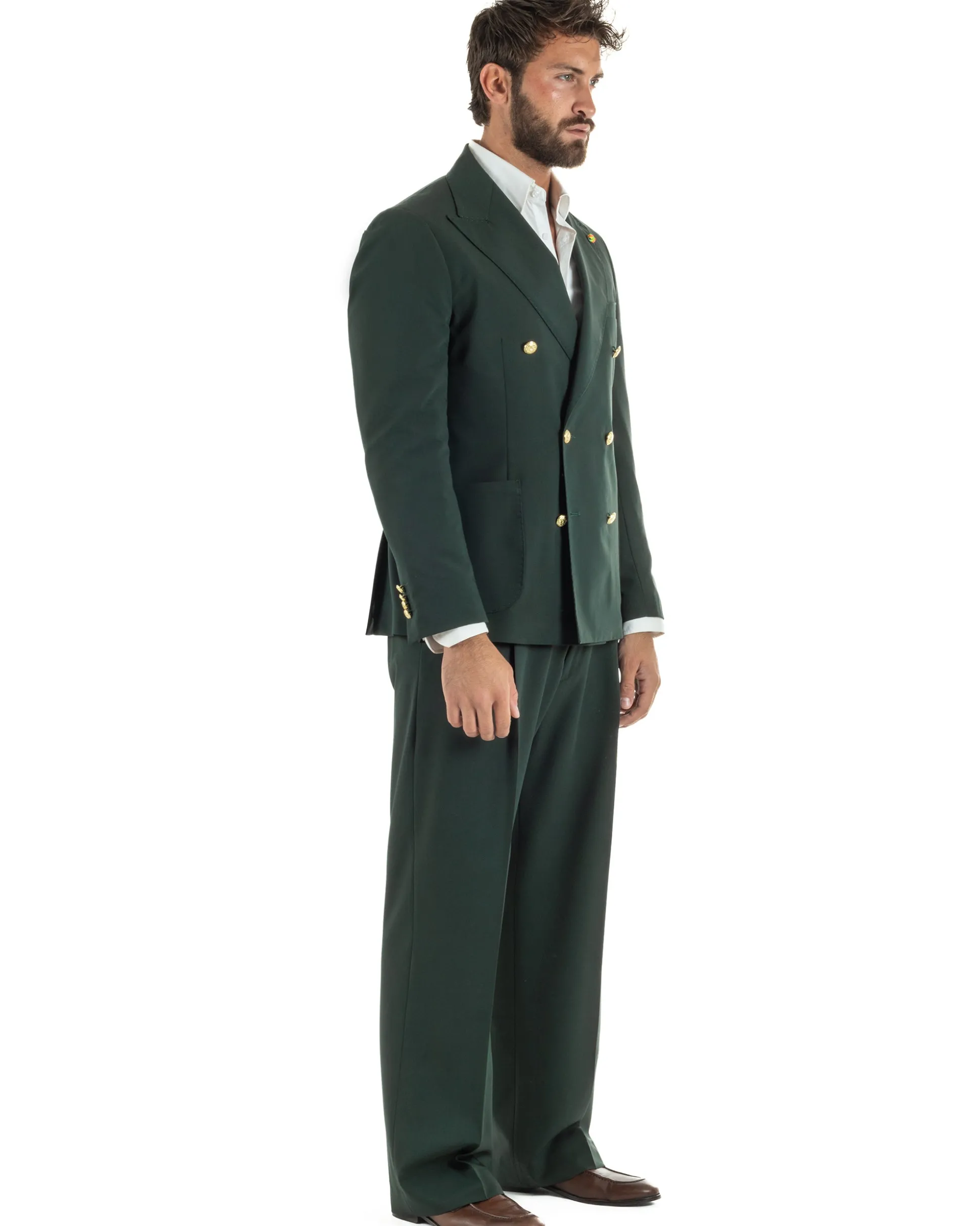 Abito uomo doppiopetto completo oversize giacca bottoni oro pantaloni baggy verde BlackSunday AE1261A