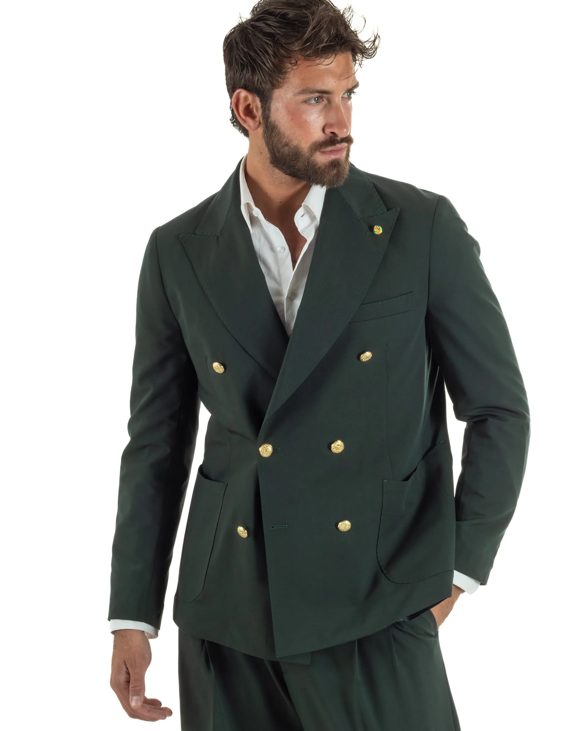 Abito uomo doppiopetto completo oversize giacca bottoni oro pantaloni baggy verde BlackSunday AE1261A