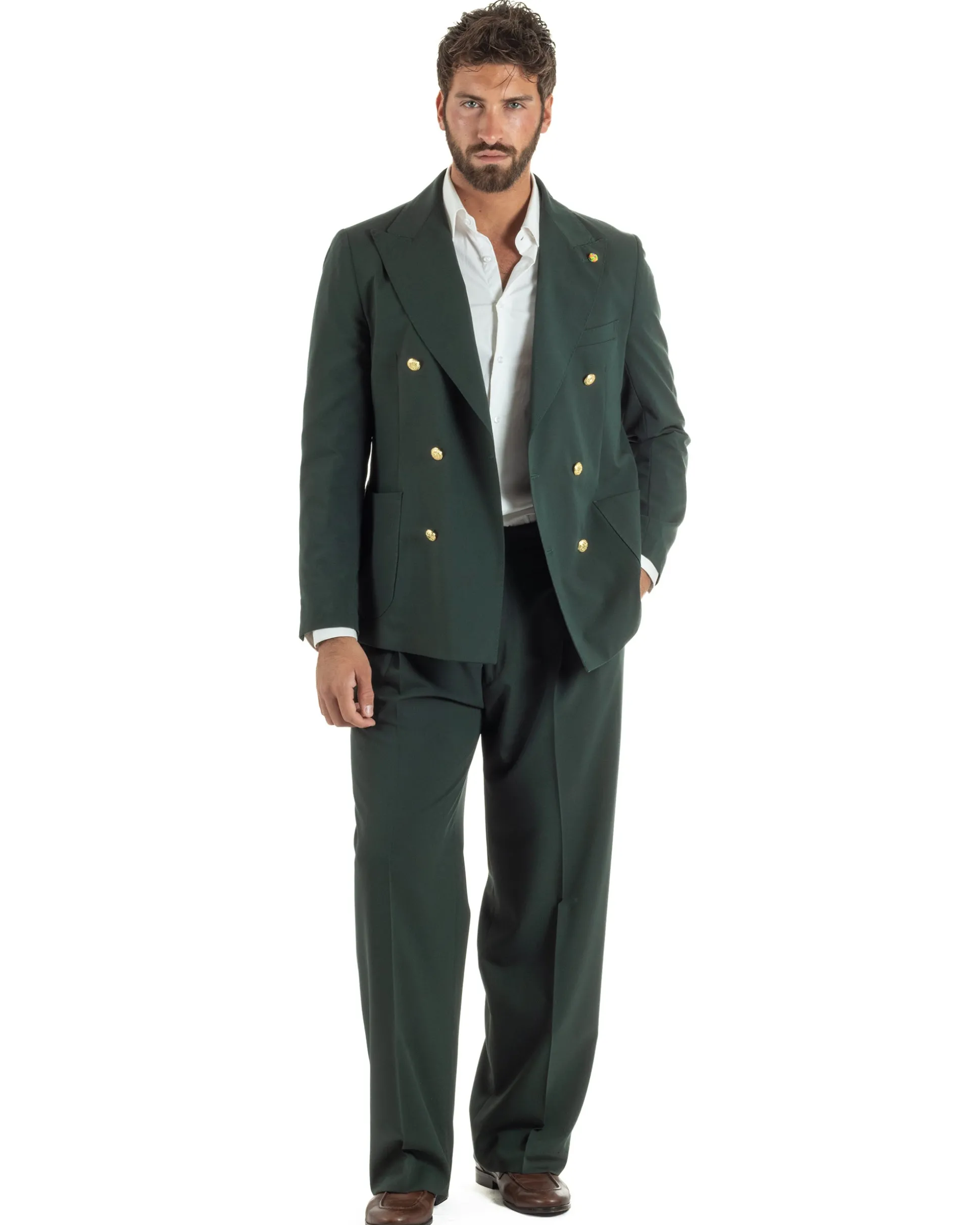 Abito uomo doppiopetto completo oversize giacca bottoni oro pantaloni baggy verde BlackSunday AE1261A