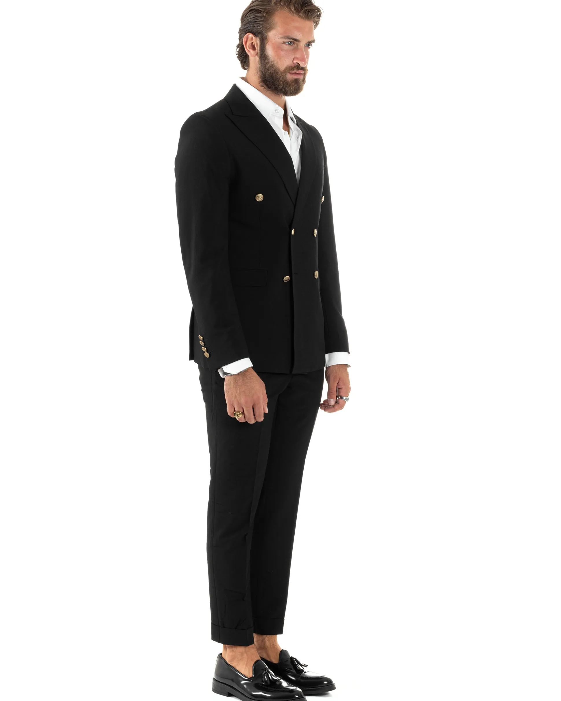 Abito uomo doppiopetto completo giacca pantaloni bottoni metallo nero melangiato elegante GIOSAL-AE1081A