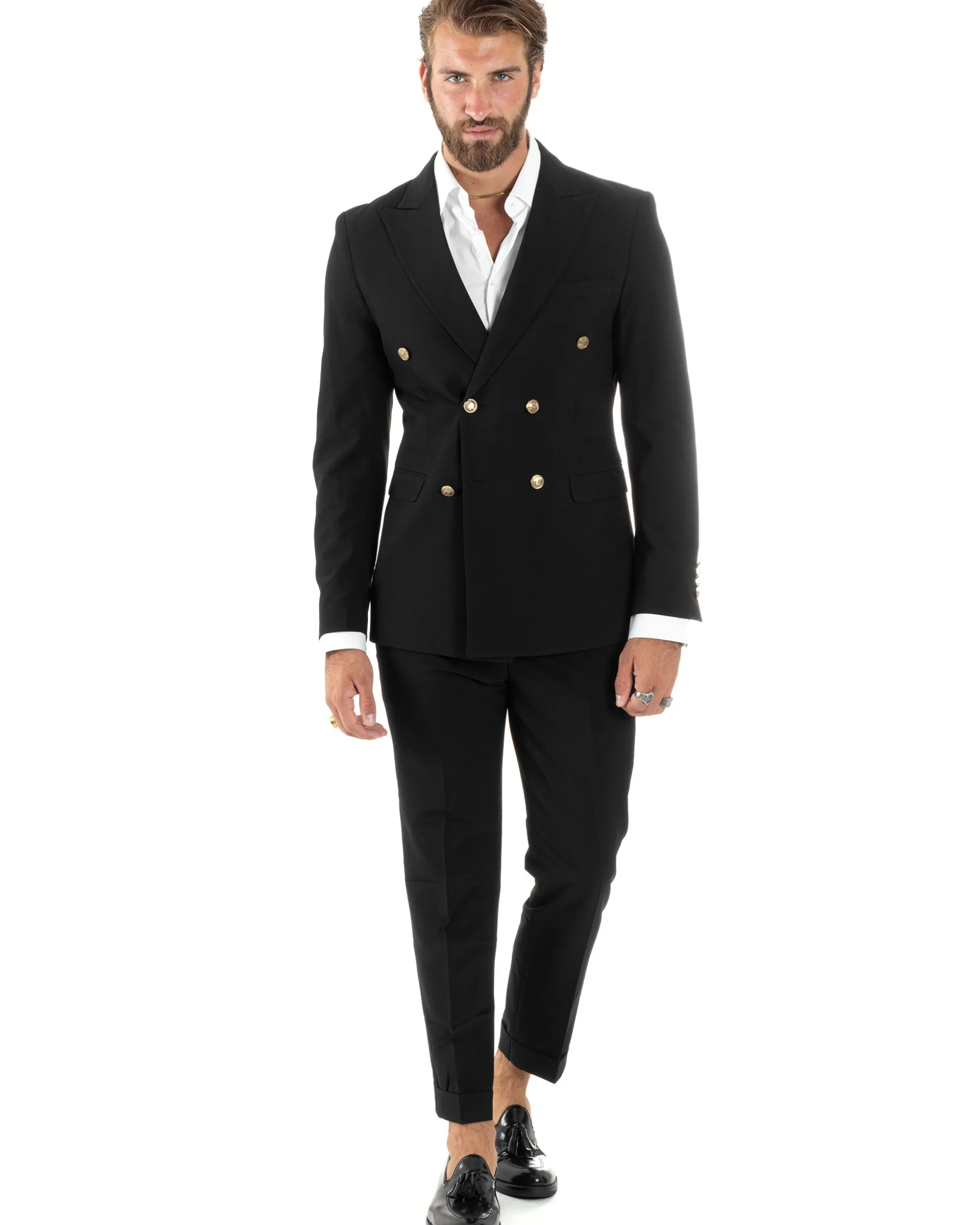 Abito uomo doppiopetto completo giacca pantaloni bottoni metallo nero melangiato elegante GIOSAL-AE1081A