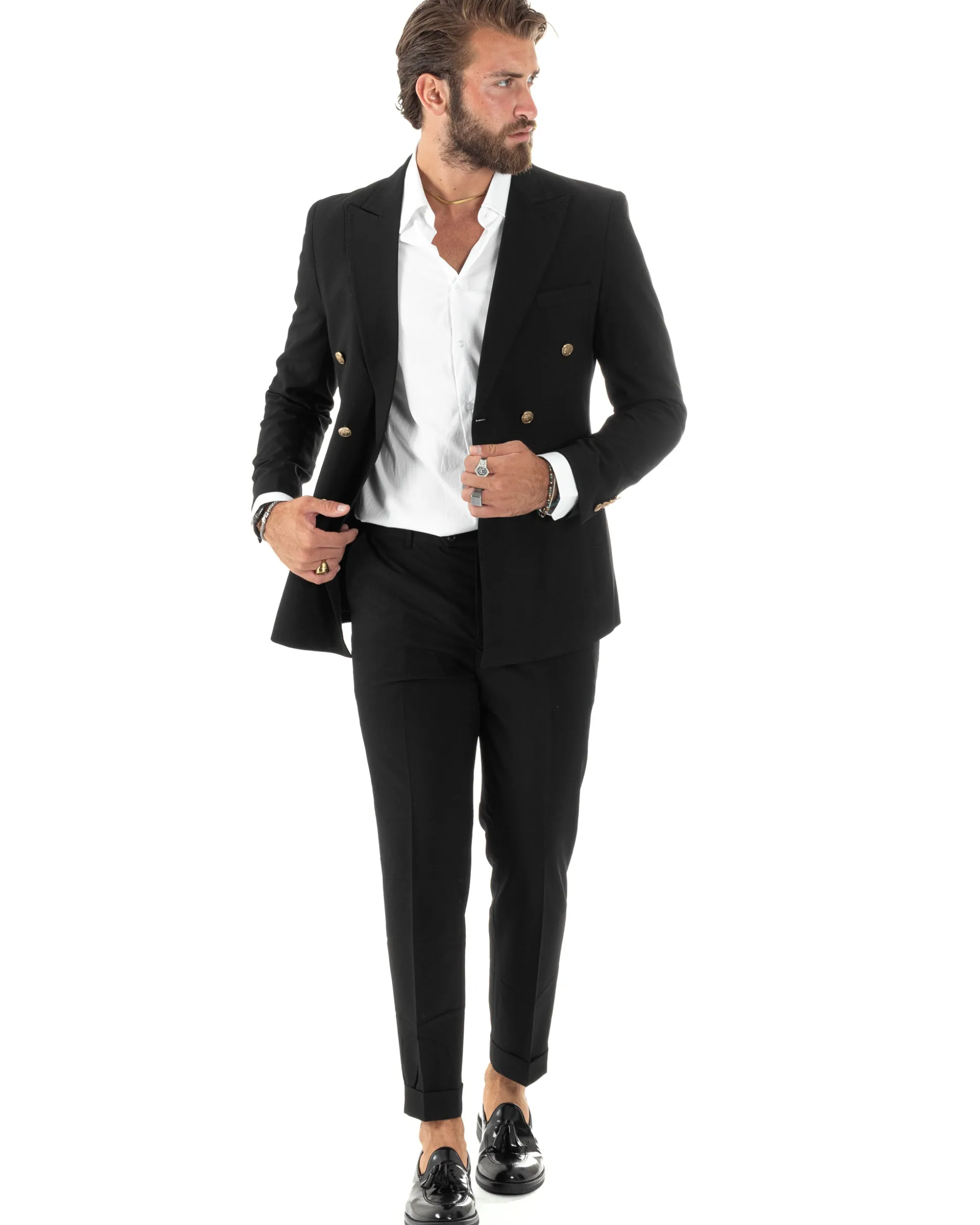 Abito uomo doppiopetto completo giacca pantaloni bottoni metallo nero melangiato elegante GIOSAL-AE1081A