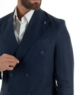 Abito uomo doppiopetto lino completo giacca pantaloni baggy pinces blu GIOSAL-AE1259A