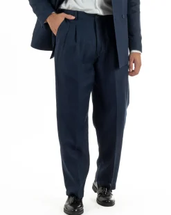 Abito uomo doppiopetto lino completo giacca pantaloni baggy pinces blu GIOSAL-AE1259A
