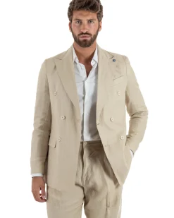 Abito uomo doppiopetto lino completo giacca pantaloni baggy pinces beige GIOSAL-AE1258A