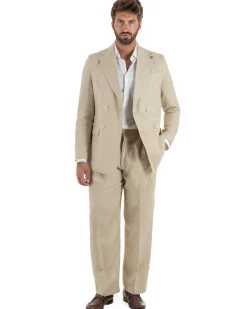 Abito uomo doppiopetto lino completo giacca pantaloni baggy pinces beige GIOSAL-AE1258A