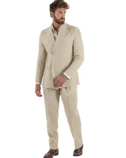 Abito uomo doppiopetto lino completo giacca pantaloni baggy pinces beige GIOSAL-AE1258A
