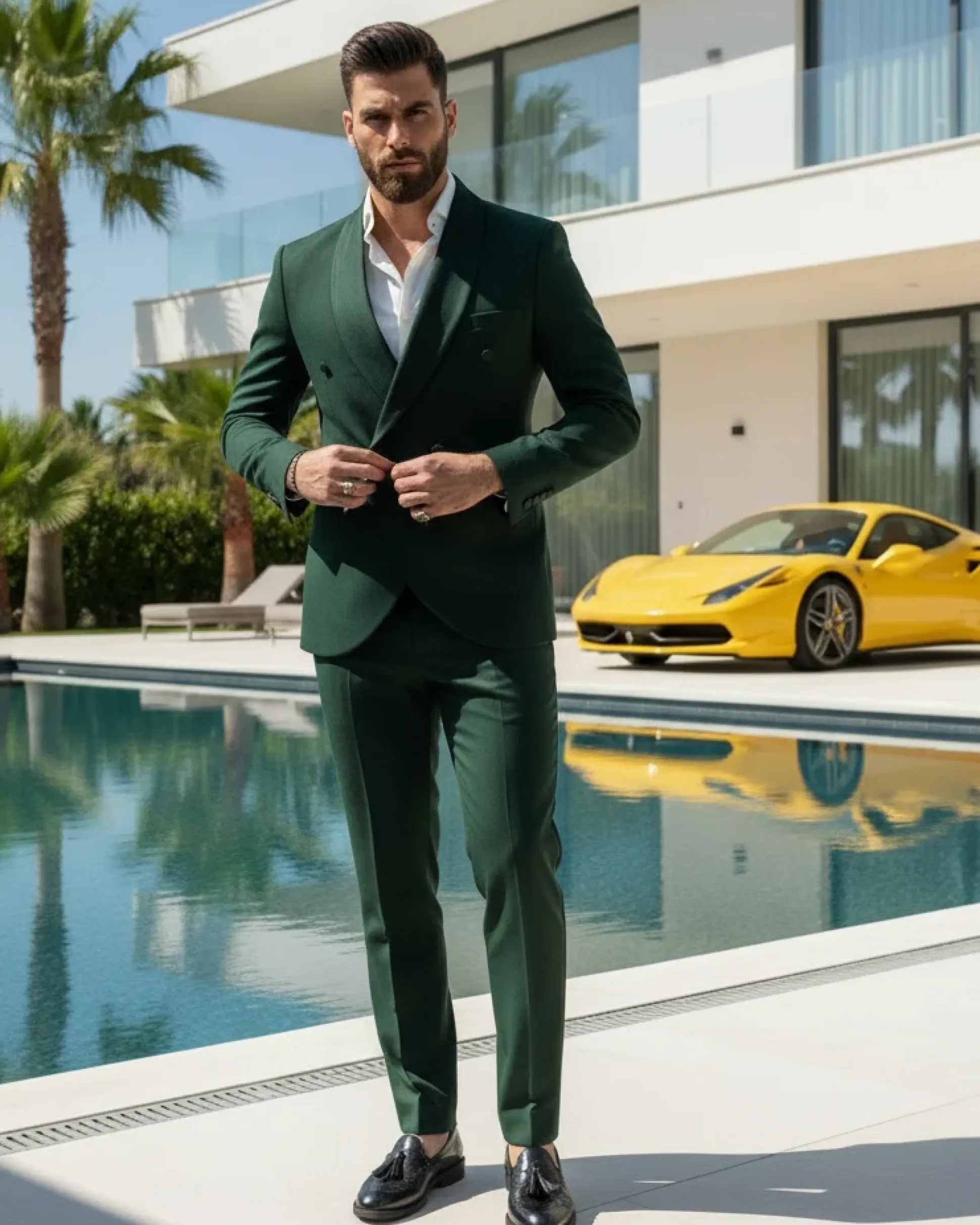 Abito Uomo Doppiopetto Quattro Bottoni Vestito Completo Smoking Rever Sciallato Raso Verde AE1111A