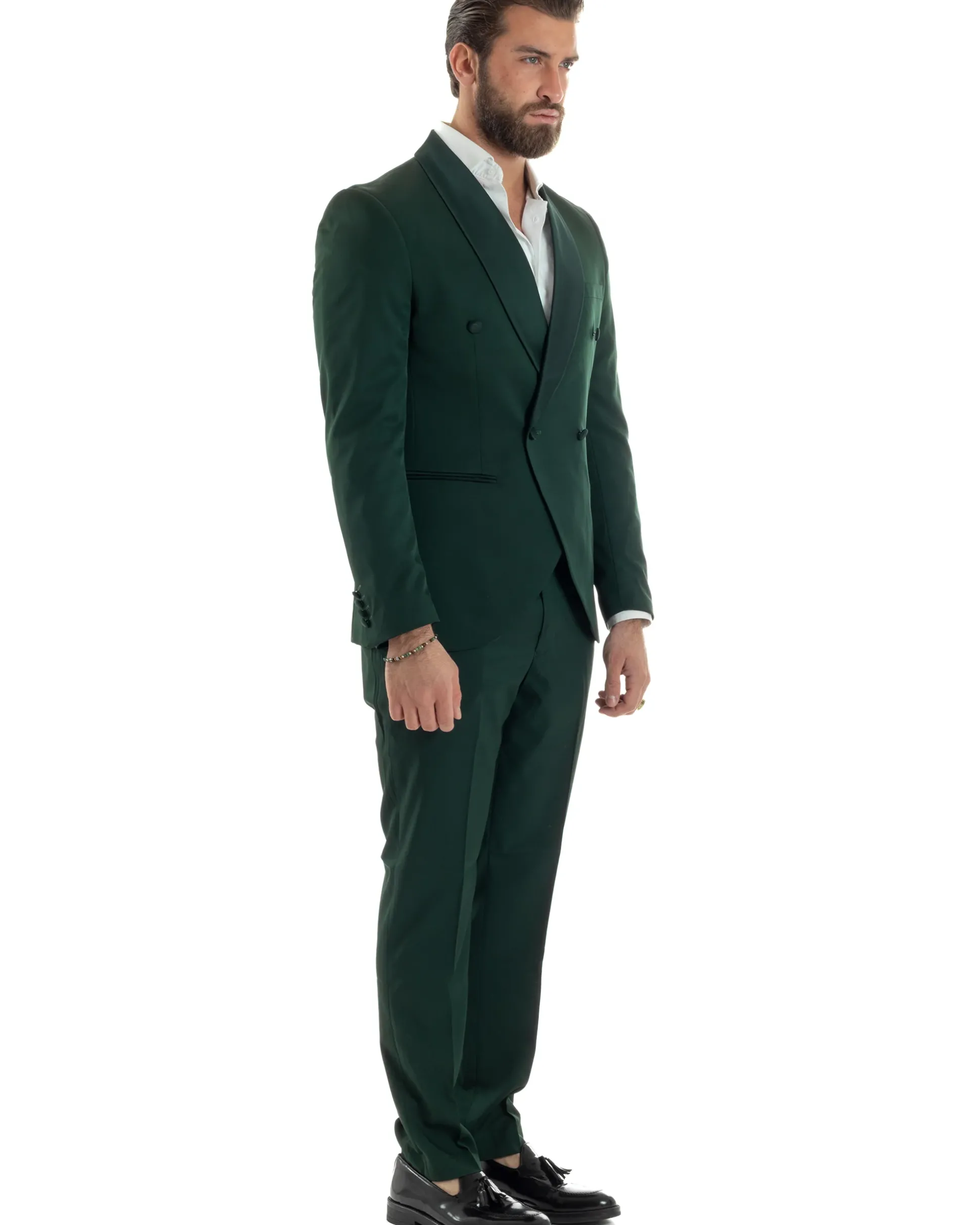 Abito Uomo Doppiopetto Quattro Bottoni Vestito Completo Smoking Rever Sciallato Raso Verde AE1111A