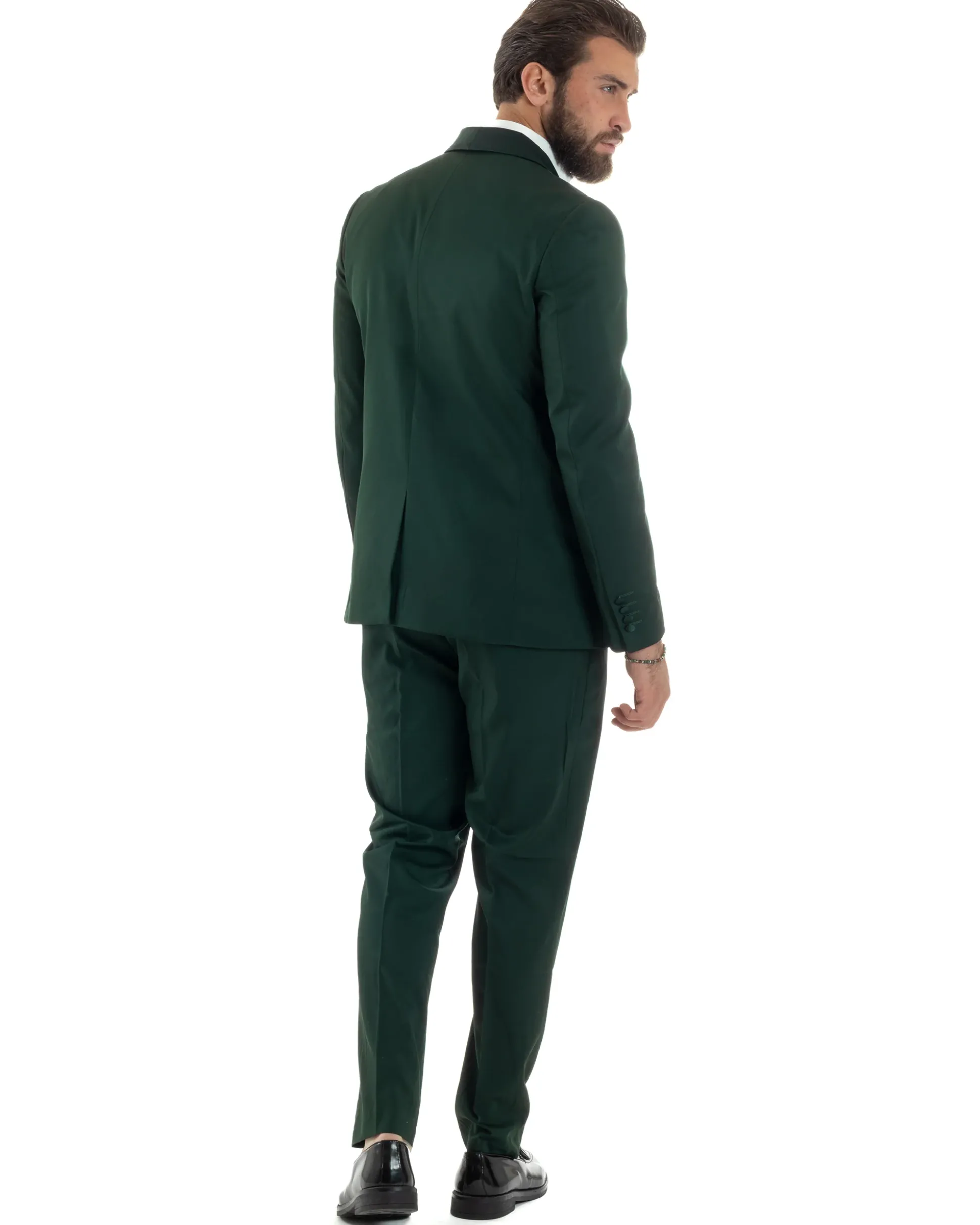 Abito Uomo Doppiopetto Quattro Bottoni Vestito Completo Smoking Rever Sciallato Raso Verde AE1111A