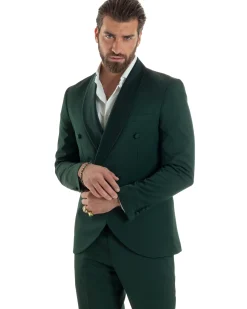 Abito Uomo Doppiopetto Quattro Bottoni Vestito Completo Smoking Rever Sciallato Raso Verde AE1111A