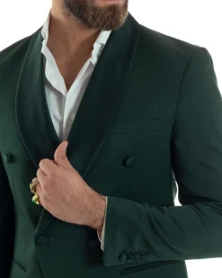 Abito Uomo Doppiopetto Quattro Bottoni Vestito Completo Smoking Rever Sciallato Raso Verde AE1111A