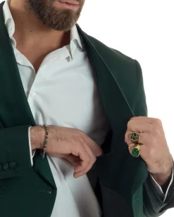 Abito Uomo Doppiopetto Quattro Bottoni Vestito Completo Smoking Rever Sciallato Raso Verde AE1111A