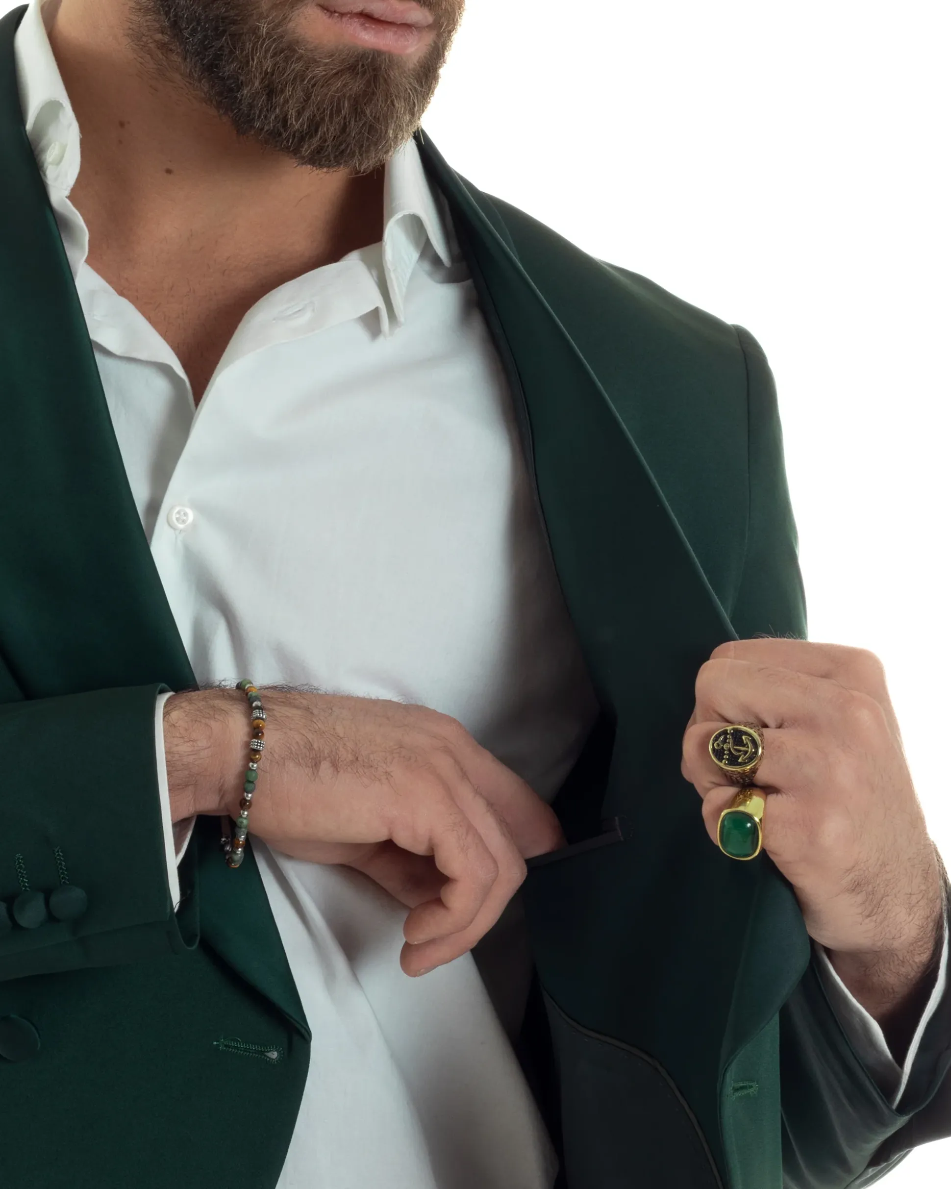 Abito Uomo Doppiopetto Quattro Bottoni Vestito Completo Smoking Rever Sciallato Raso Verde AE1111A