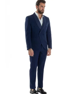 Abito Uomo Doppiopetto Quattro Bottoni Vestito Completo Smoking Rever Sciallato Raso Blu AE1112A