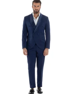 Abito Uomo Doppiopetto Quattro Bottoni Vestito Completo Smoking Rever Sciallato Raso Blu AE1112A