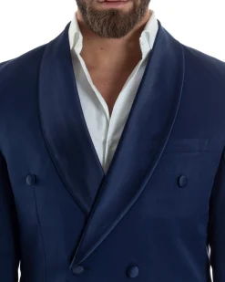 Abito Uomo Doppiopetto Quattro Bottoni Vestito Completo Smoking Rever Sciallato Raso Blu AE1112A