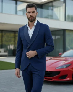 Abito Uomo Doppiopetto Quattro Bottoni Vestito Completo Smoking Rever Sciallato Raso Blu AE1112A