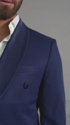 Abito Uomo Doppiopetto Quattro Bottoni Vestito Completo Smoking Rever Sciallato Raso Blu AE1112A
