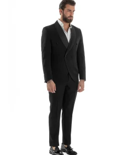 Abito Uomo Doppiopetto Quattro Bottoni Vestito Completo Smoking Rever Sciallato Raso Nero AE1110A