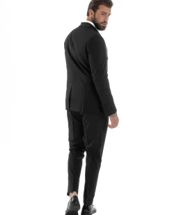 Abito Uomo Doppiopetto Quattro Bottoni Vestito Completo Smoking Rever Sciallato Raso Nero AE1110A