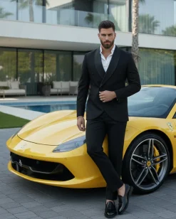 Abito Uomo Doppiopetto Quattro Bottoni Vestito Completo Smoking Rever Sciallato Raso Nero AE1110A