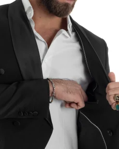 Abito Uomo Doppiopetto Quattro Bottoni Vestito Completo Smoking Rever Sciallato Raso Nero AE1110A