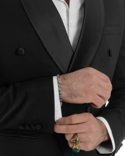Abito Uomo Doppiopetto Quattro Bottoni Vestito Completo Smoking Rever Sciallato Raso Nero AE1110A