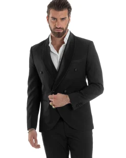 Abito Uomo Doppiopetto Quattro Bottoni Vestito Completo Smoking Rever Sciallato Raso Nero AE1110A