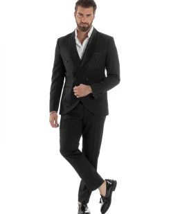 Abito Uomo Doppiopetto Quattro Bottoni Vestito Completo Smoking Rever Sciallato Raso Nero AE1110A
