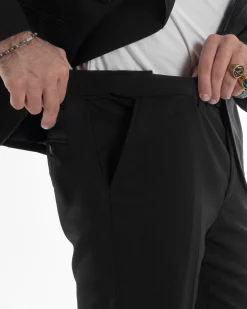Abito Uomo Doppiopetto Quattro Bottoni Vestito Completo Smoking Rever Sciallato Raso Nero AE1110A