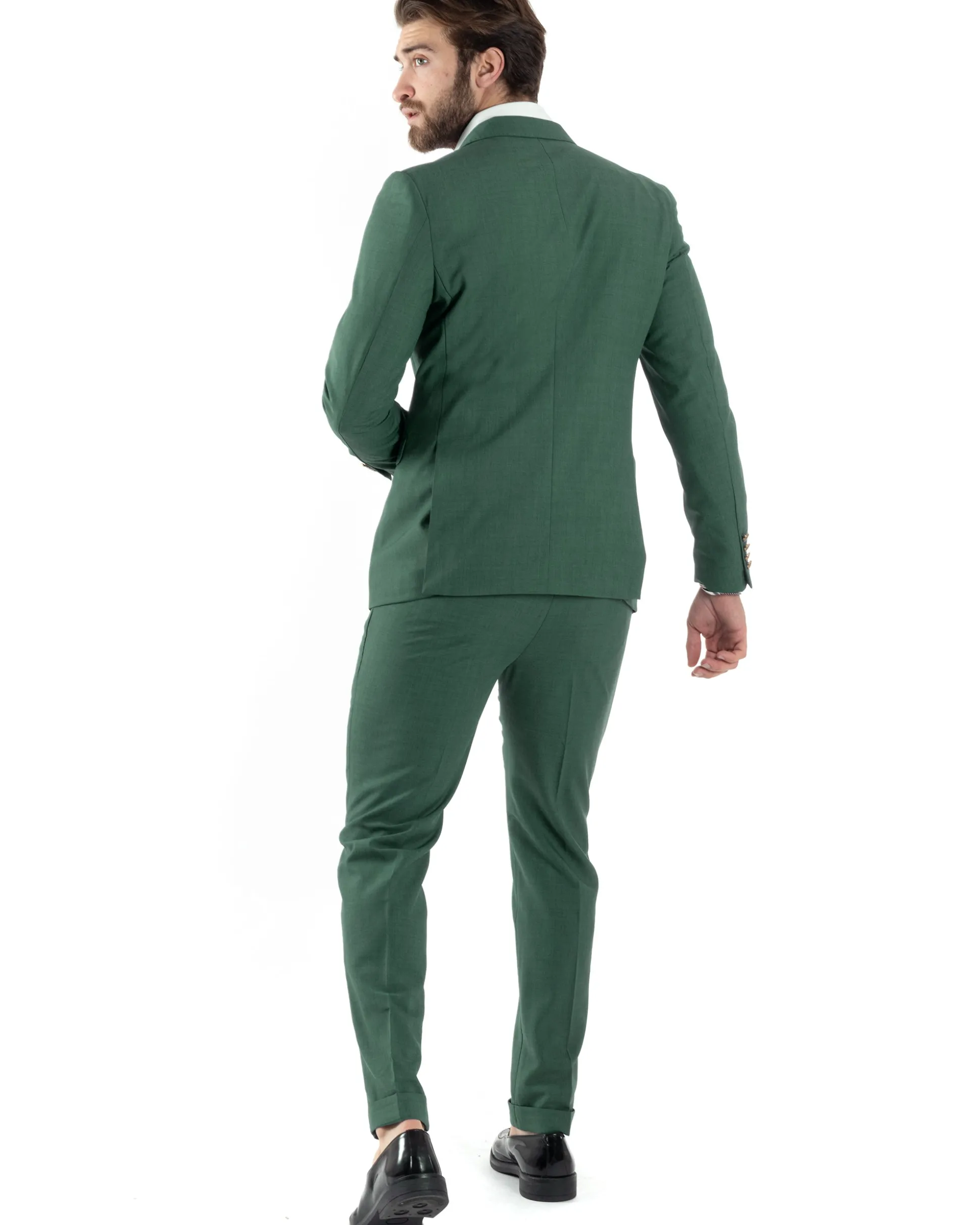 Abito Uomo Doppiopetto Vestito Completo Giacca Pantaloni Bottoni Metallo Verde Melangiato AE1057A